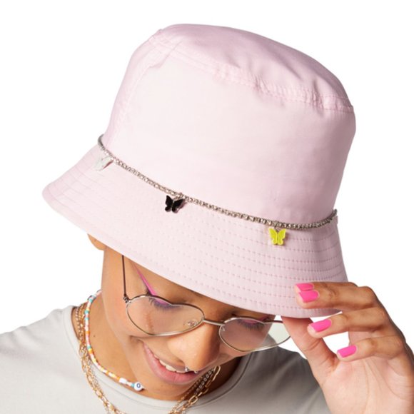 Butterfly Pink Rhinestone embellished Lined Bucket Hat OS New - Picture 1 of 8